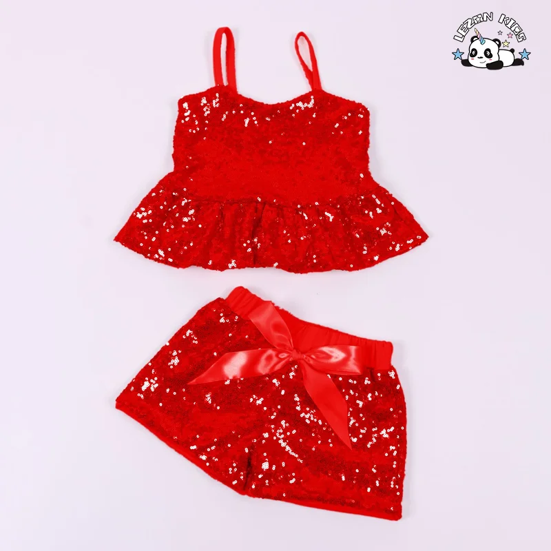 LEZONKIDS - Custom Logo Summer Girls Casual Cotton Suspender Vest Sequins Top Shorts Suit